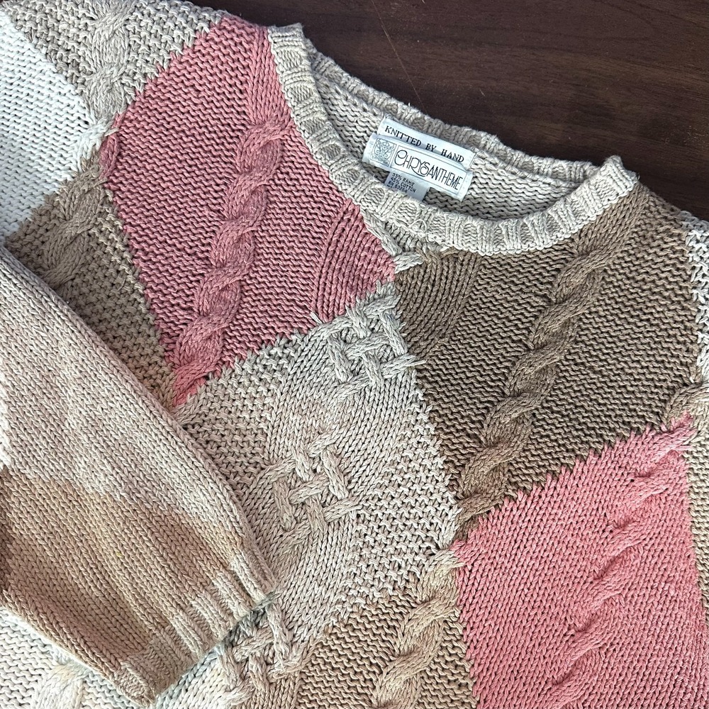 Fisherman Hand Knitted Sweater Vintage Large Pink Academia Argyle Cable Knit‎